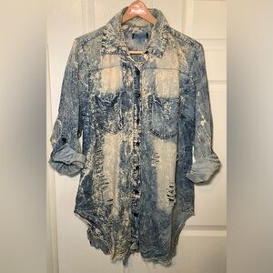 Distressed Acid-Wash Denim Shirt - Blue